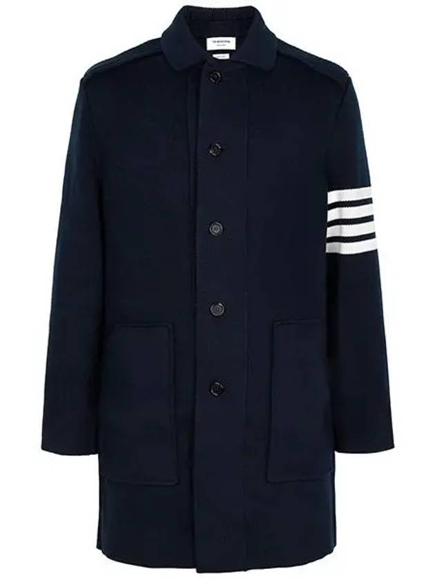 Cotton Cashmere Interlock 4-Bar Polo Collar Overcoat Navy - THOM BROWNE - BALAAN 5