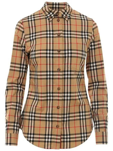 Button Down Collar Vintage Check Stretch Cotton Long Sleeve Shirt Beige - BURBERRY - BALAAN.