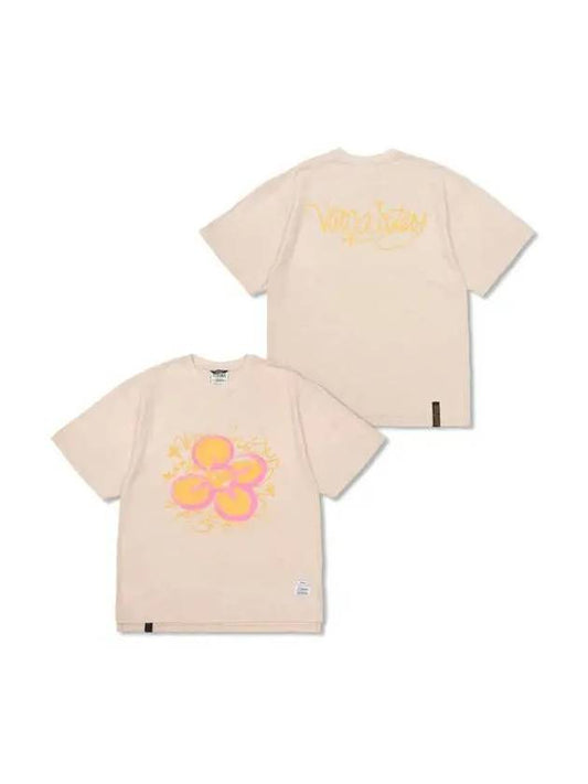 Crayon Flower Vintage Like Washed Oversized Short Sleeves T Shirts Beige - STIGMA - BALAAN 1