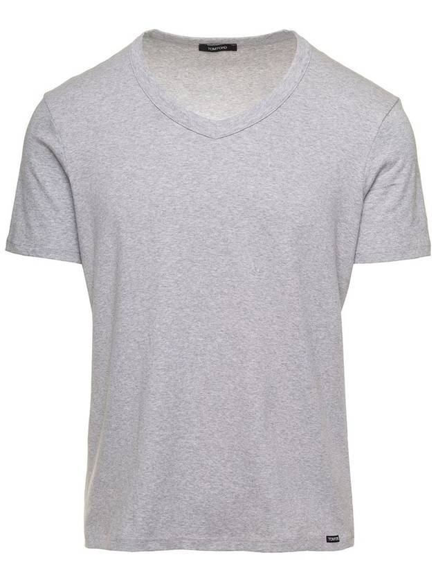 Cotton V-neck Short Sleeve T-Shirt Grey - TOM FORD - BALAAN 2