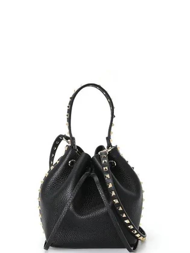 Rockstud Logo Leather Bucket Bag Black - VALENTINO - BALAAN 2