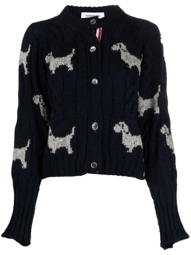 Check Donegal Hector Crew Neck Cardigan Navy - THOM BROWNE - BALAAN 1