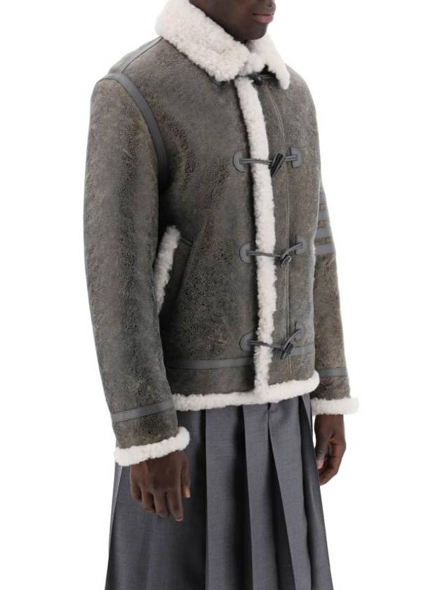 Shearling Trim Cracked Leather Jacket Grey - THOM BROWNE - BALAAN 3