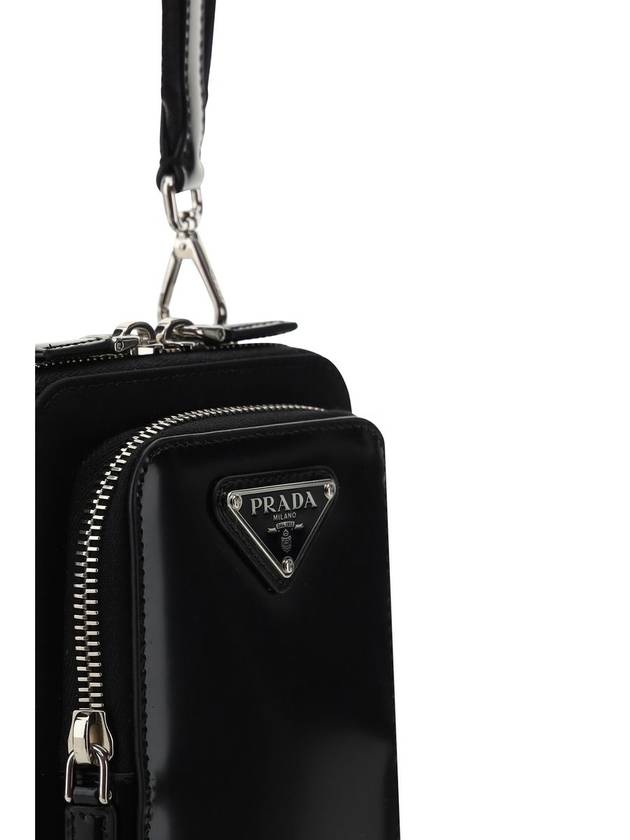 Triangle Logo Brushed Leather Phone Case Cross Bag Black - PRADA - BALAAN 5