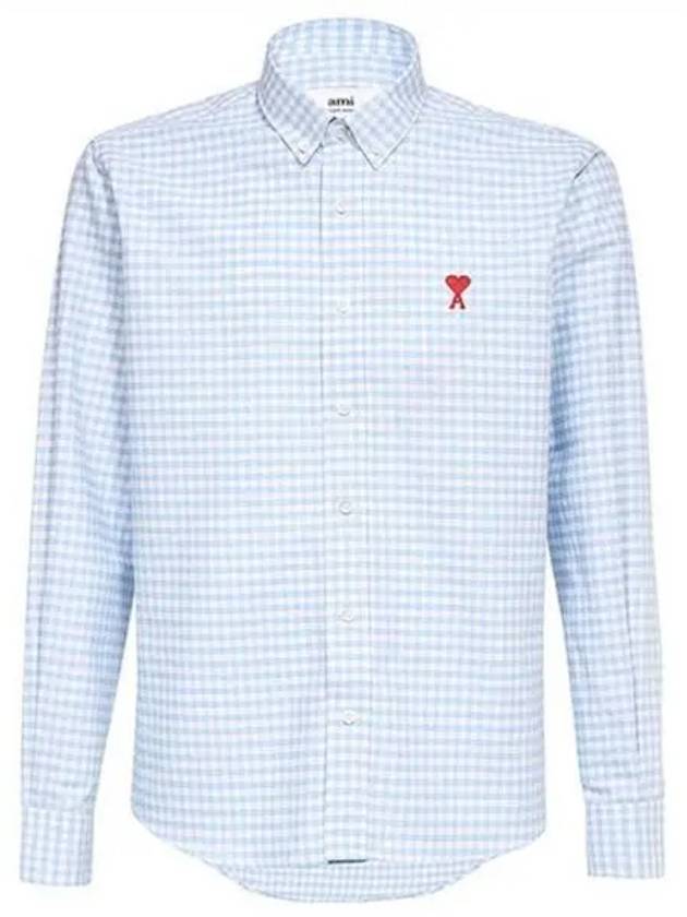 Small Heart Logo Gingham Button Long Sleeves Shirt Sky Blue - AMI - BALAAN 2