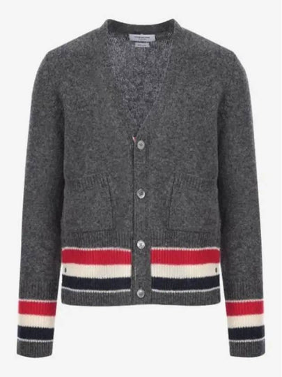 Men's Jersey Stitch Shetland Stripe Classic V-Neck Cardigan Grey - THOM BROWNE - BALAAN 2