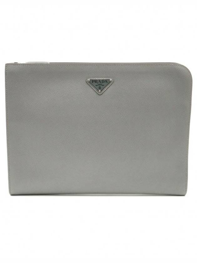 Women s Prada 2VN003 Gray Saffiano Leather Silver Triangle Logo Document Holder Clutch gt Pouch Gangbuk used luxury goods - PRADA - BALAAN 1