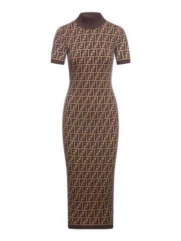 FF Cotton Midi Dress Brown - FENDI - BALAAN 1