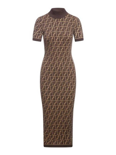 FF Cotton Midi Dress Brown - FENDI - BALAAN 1