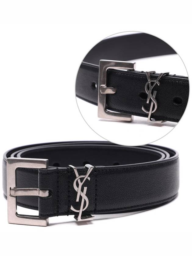 Silver Hardware Monogram Buckle Leather Belt Black - SAINT LAURENT - BALAAN 2