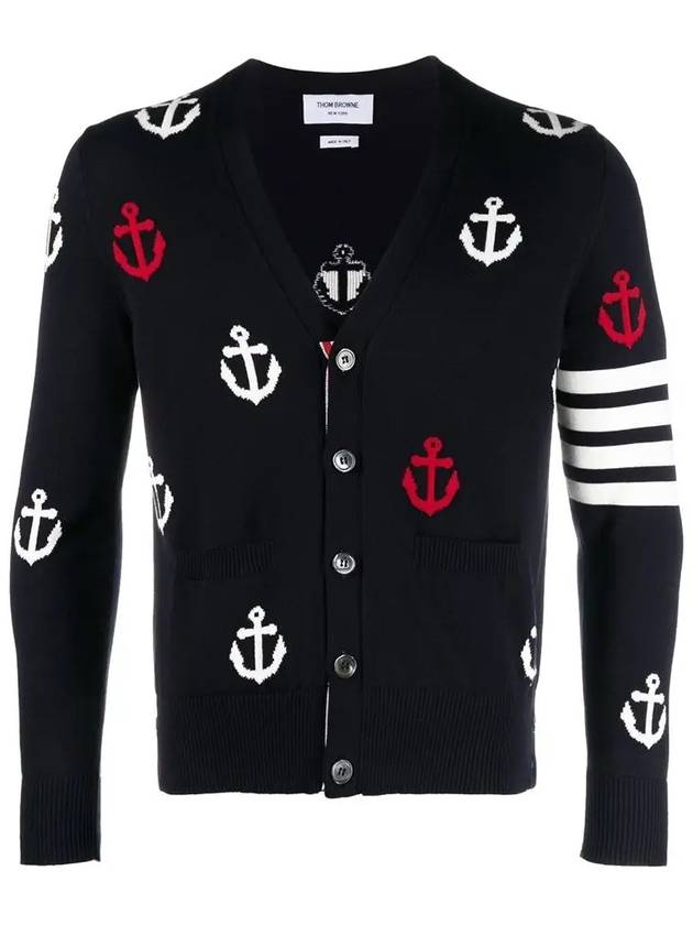 Anchor Intarsia 4-Bar V-Neck Cardigan Navy - THOM BROWNE - BALAAN 3