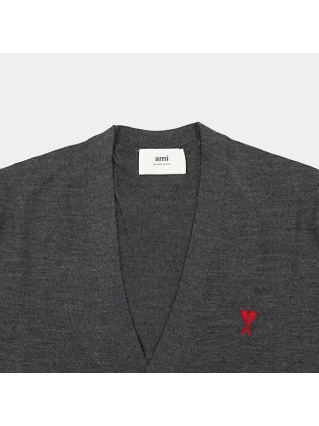 Red Heart Logo Merino Wool Cardigan Heather Grey - AMI - BALAAN 3