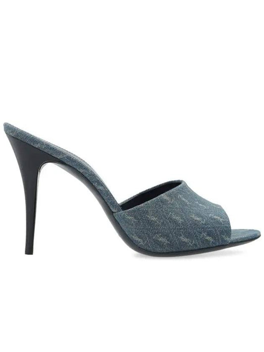 LA 16 Monogram Denim Mule Heel Deep Navy - SAINT LAURENT - BALAAN 1