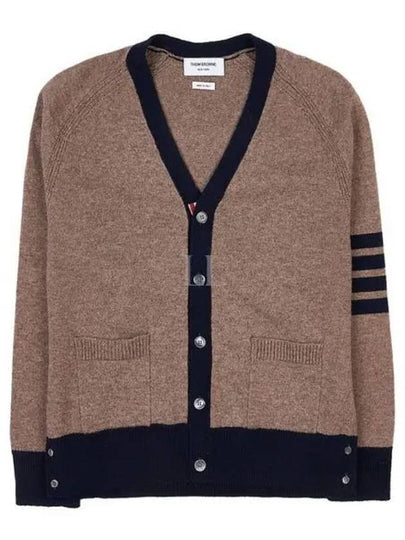 V-Neck 4-Bar Wool Cardigan Brown - THOM BROWNE - BALAAN 2