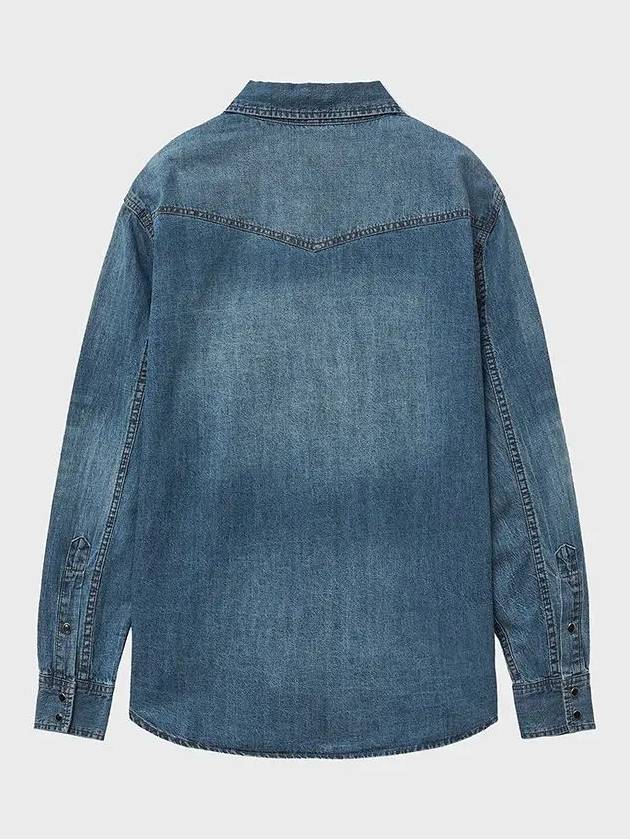 Western Cotton Linen Denim Shirt Blue - NOIRER FOR WOMEN - BALAAN 4