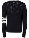 Women's Irish Pointelle Cable 4 Bar V Neck Cardigan Navy - THOM BROWNE - BALAAN 4