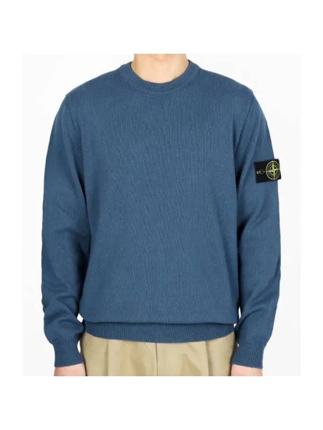 Compass Motif Crew Neck Regular Fit Cotton Knit Top Avio Blue - STONE ISLAND - BALAAN 1