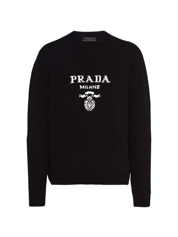 Embroidered Logo Wool Cashmere Crew Neck Knit Top Black - PRADA - BALAAN 1