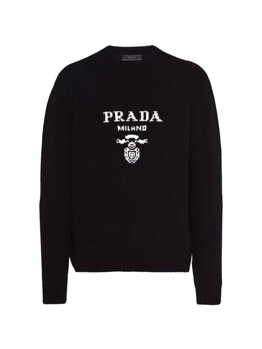 Embroidered Logo Wool Cashmere Crew Neck Knitted Sweater  Black - PRADA - BALAAN 1