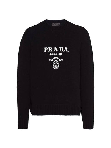 Embroidered Logo Wool Cashmere Crew Neck Knitted Sweater  Black - PRADA - BALAAN 1