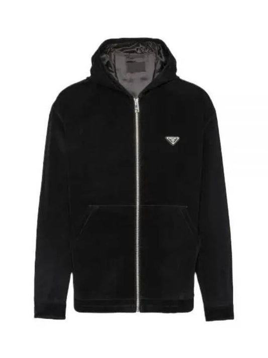 Triangle Logo Cotton Velvet Zip Up Hoodie Black - PRADA - BALAAN 1