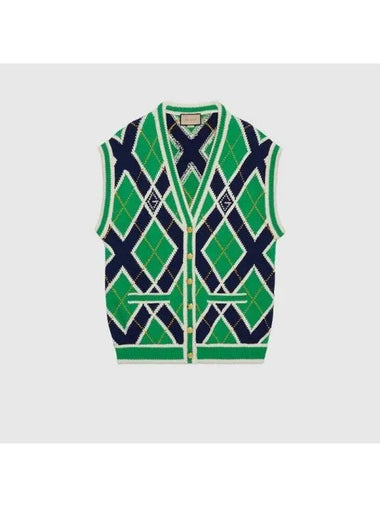 G Rhombus Cotton Stitch Cardigan Green Dark Blue 754604XKDGP3214 - GUCCI - BALAAN 1