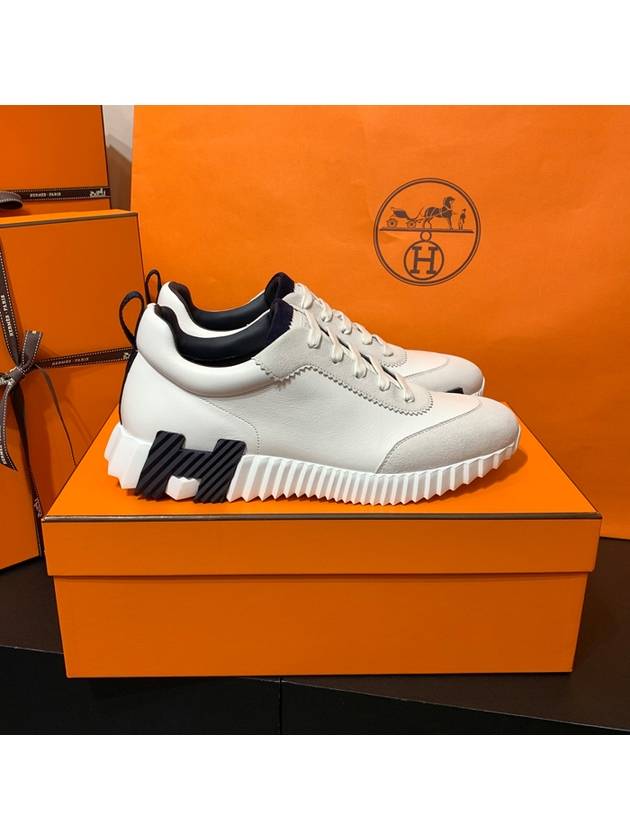 Women's Bouncing Sneakers Goat Skin White Leather H Navy Blue Logo - HERMES - BALAAN 7