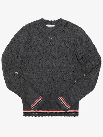 Women's Pointel Cable Merino Wool Pullover Knit Top Grey - THOM BROWNE - BALAAN 2