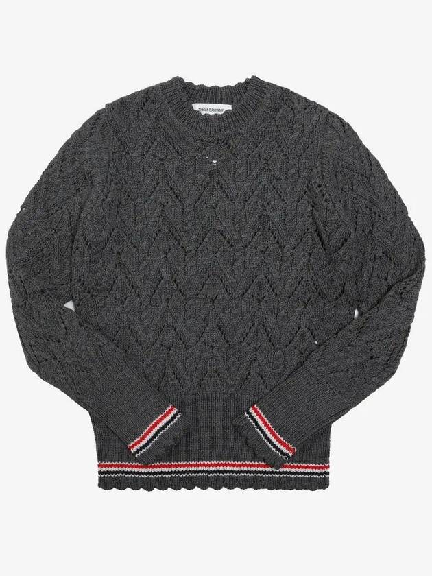 Women's Pointel Cable Merino Wool Pullover Knit Top Grey - THOM BROWNE - BALAAN 3