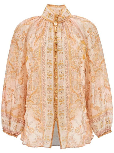 cream and pink high neck paisley blouse in rayon with long sleeves - ZIMMERMANN - BALAAN 1