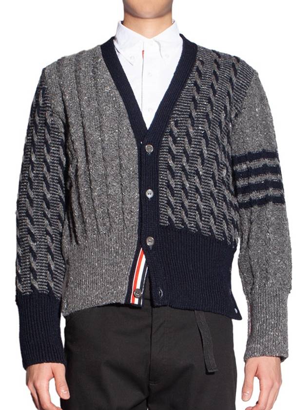 Funmix Donnyroll Cable 4 Bar V-Neck Cardigan Medium Grey - THOM BROWNE - BALAAN 2