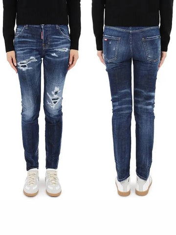 Women's back pocket mini logo denim straight jeans blue - DSQUARED2 - BALAAN.