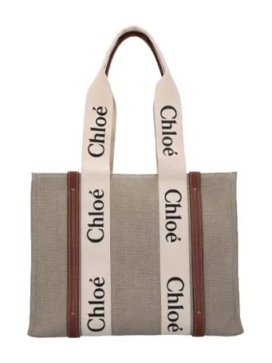 Linen Woody Tote Bag White Brown Handbag - CHLOE - BALAAN 1