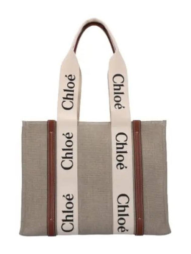 Linen Woody Tote Bag White Brown - CHLOE - BALAAN 1