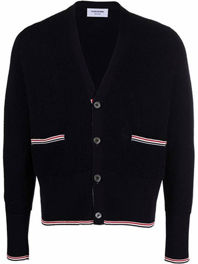 Men's Three-Stripe Tab Textured Cotton V-Neck Classic Fit Cardigan Navy - THOM BROWNE - BALAAN 2