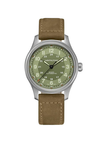 Men's Khaki Field Titanium Auto Leather Watch Green - HAMILTON - BALAAN 1