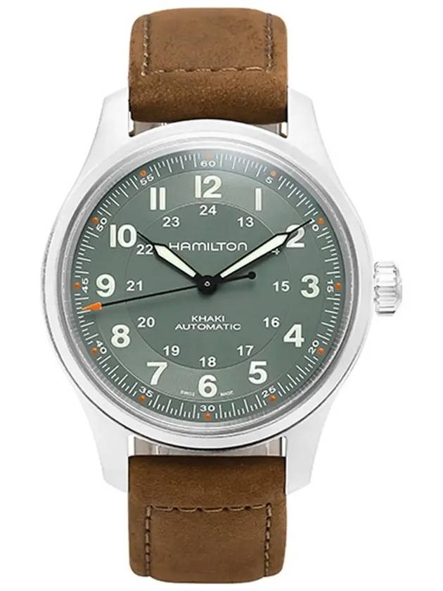 Men's Khaki Field Titanium Auto Leather Watch Green - HAMILTON - BALAAN 5