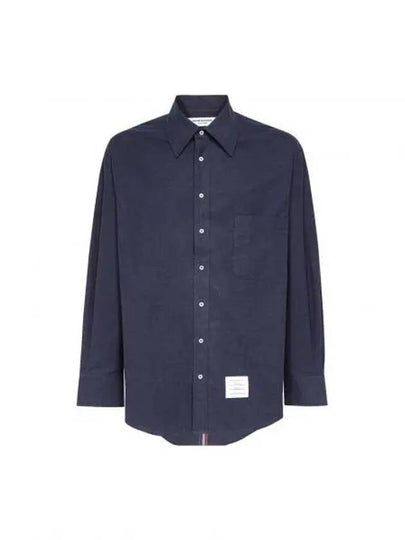 Back Stripe Oversize Cotton Flannel Long Sleeve Shirt Navy - THOM BROWNE - BALAAN 2