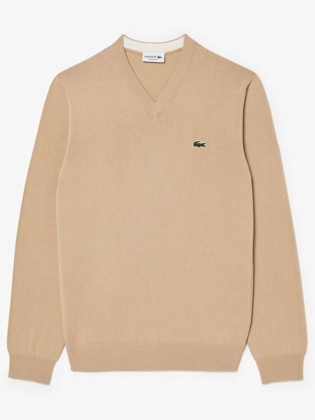 Monochrome Cotton V-Neck Sweatshirt Beige - LACOSTE - BALAAN 1