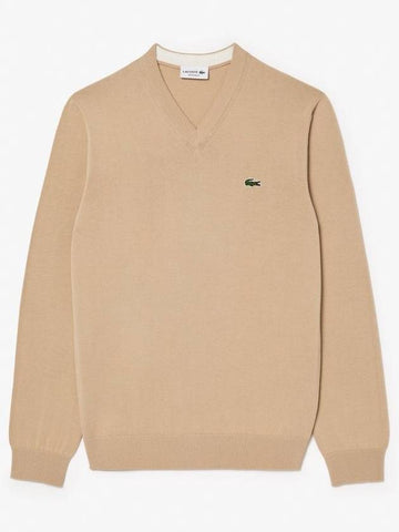 Monochrome Cotton V-Neck Sweatshirt Beige - LACOSTE - BALAAN 1