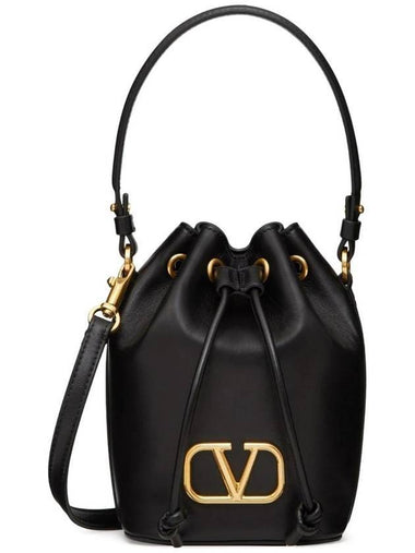 Signature V Logo Leather Small Bucket Bag Black - VALENTINO - BALAAN 1