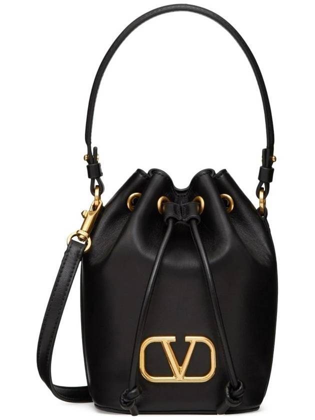 Signature V Logo Leather Mini Bucket Bag Black - VALENTINO - BALAAN 1