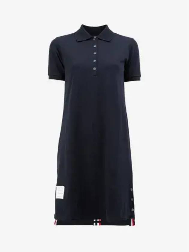 Classic Cotton Pique Center Back Stripe A-Line Short Sleeve Polo Short Dress Navy - THOM BROWNE - BALAAN 3