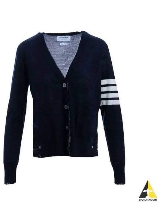 Sustainable Fine Merino Wool 4-Bar Relaxed Fit V-Neck Cardigan Navy - THOM BROWNE - BALAAN 2