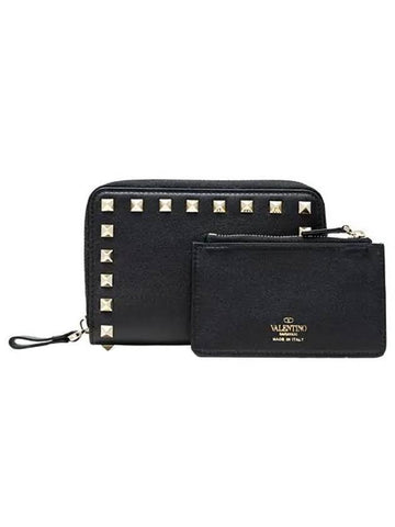 Rockstud Coin Zipper Medium Wallet Black - VALENTINO - BALAAN.