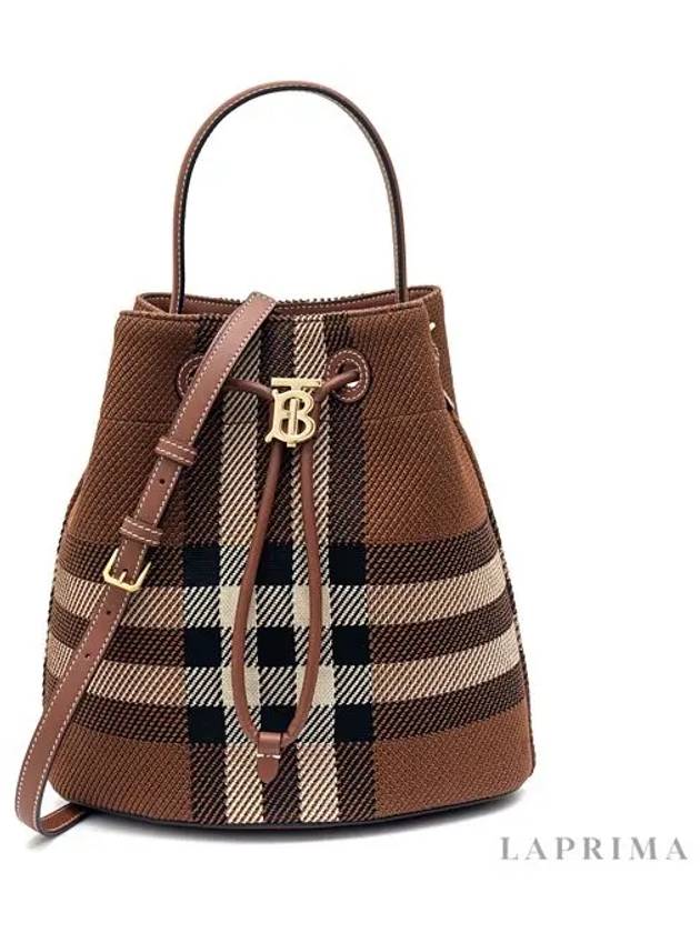 TB Small Knit Check Leather Bucket Bag Dark Birch Brown - BURBERRY - BALAAN 5