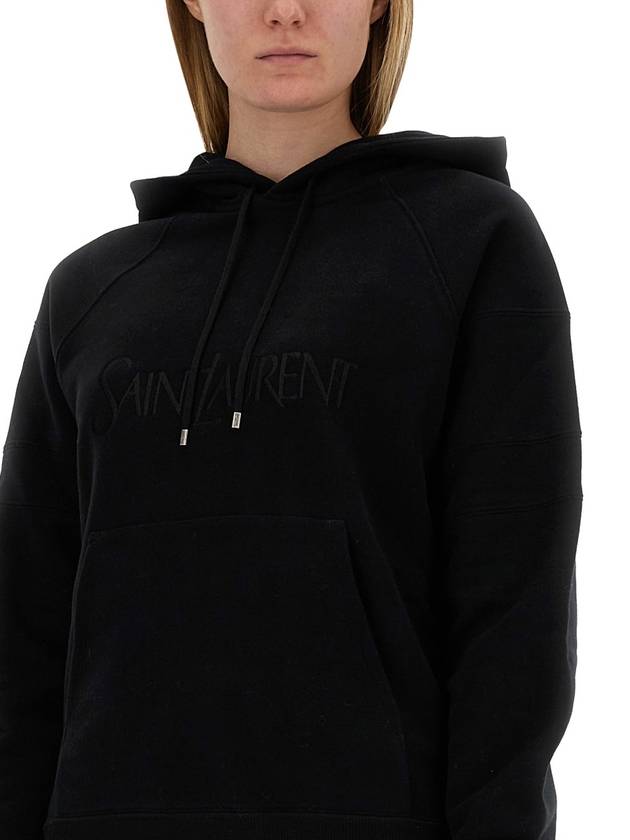 Front Logo Cotton Hoodie Black - SAINT LAURENT - BALAAN 5