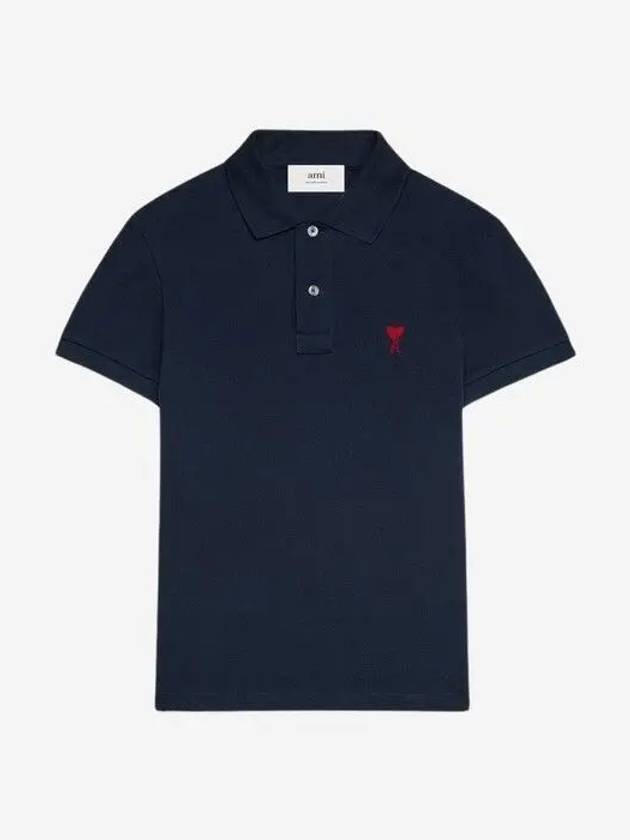 Men's Heart Logo Polo Shirt Navy - AMI - BALAAN 3