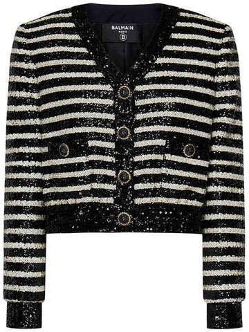 Black And White Cropped Striped Jacket In All-Over Sequins Fabric Woman - BALMAIN - BALAAN 1