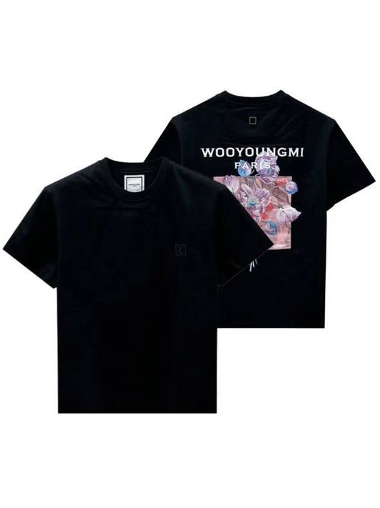 3D Flower Back Logo Round Short Sleeve T-Shirt Black - WOOYOUNGMI - BALAAN 2